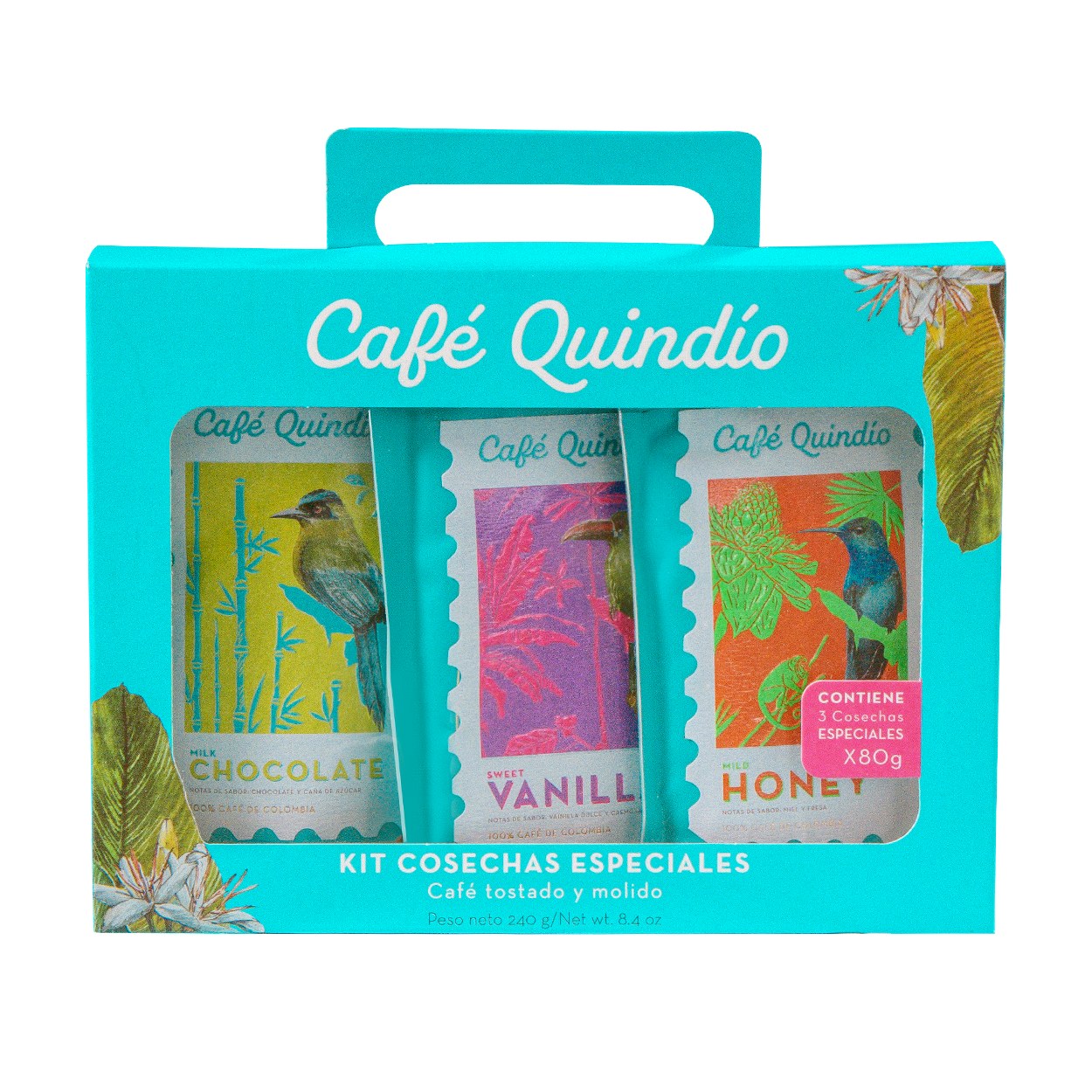 Colombian coffee variety pack with chocolate vanilla honey flavors, Quindío coffee sampler, Coffee with honey hints Milk chocolate coffee