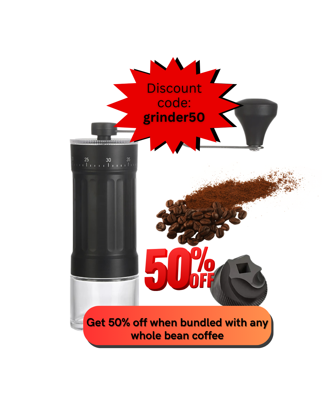 Portable manual coffee grinder featuring 40 external grind settings, a ceramic burr, and a 30g capacity.