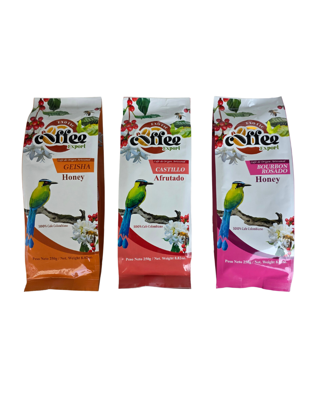 Gourmet coffee bean 3-pack featuring Bourbon Rosado, Castillo, and Geisha, ideal for coffee lovers