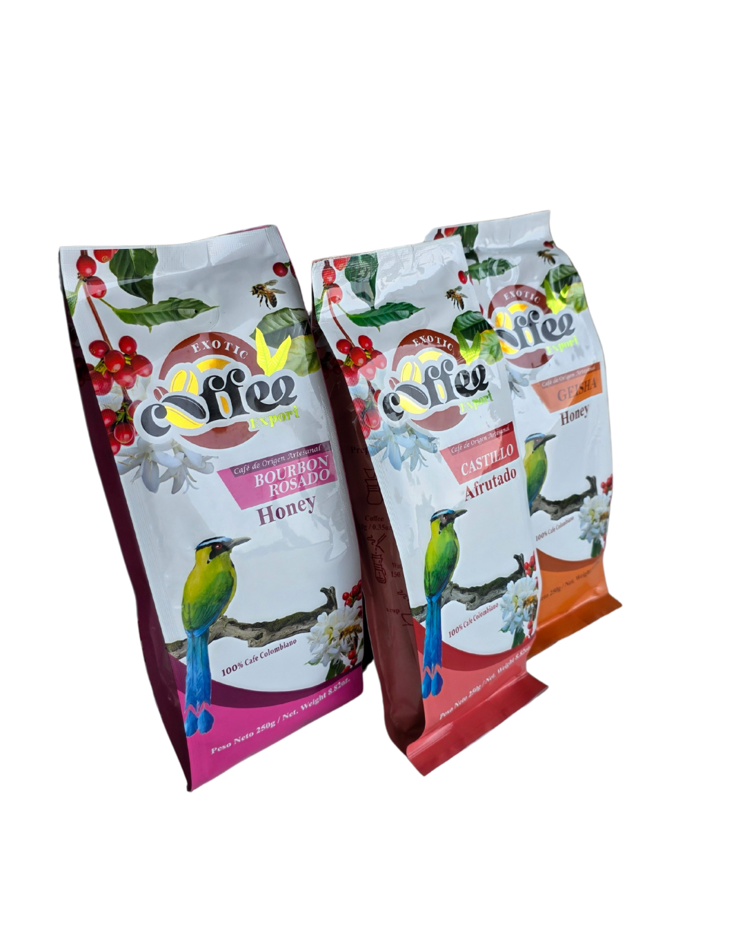 Bourbon Rosado coffee beans, high altitude rose honey citric acidity, Castillo coffee honey vanilla chocolate panela orange coffee notes, Geisha coffee floral award winning