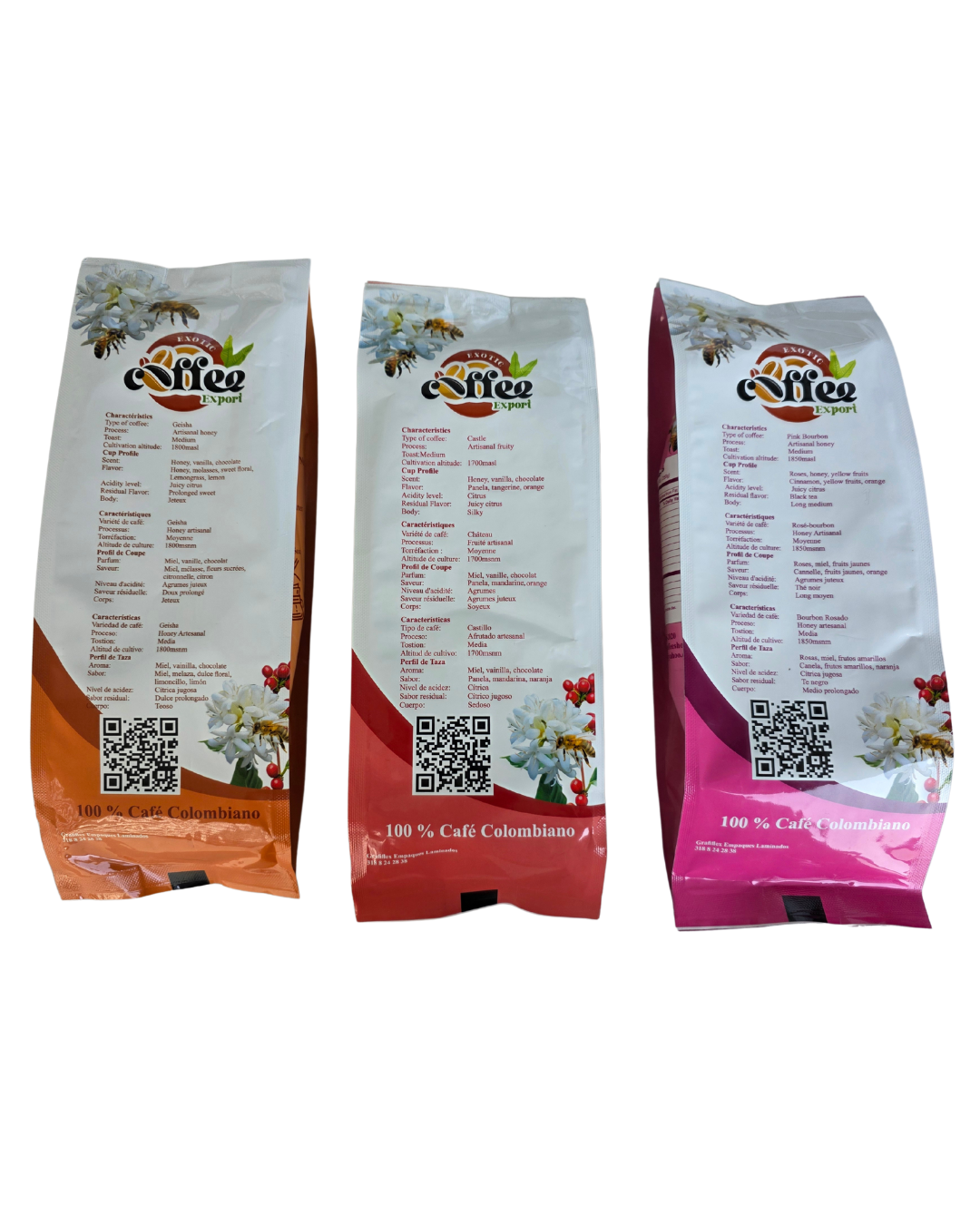 Three pack of single-origin coffee beans: floral Geisha, fruity Bourbon Rosado, and balanced Castillo