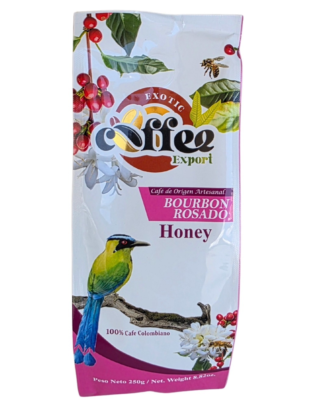semi-washed Bourbon Rosado coffee, honey processed Pink Bourbon. Colombian coffee 1900 meters.