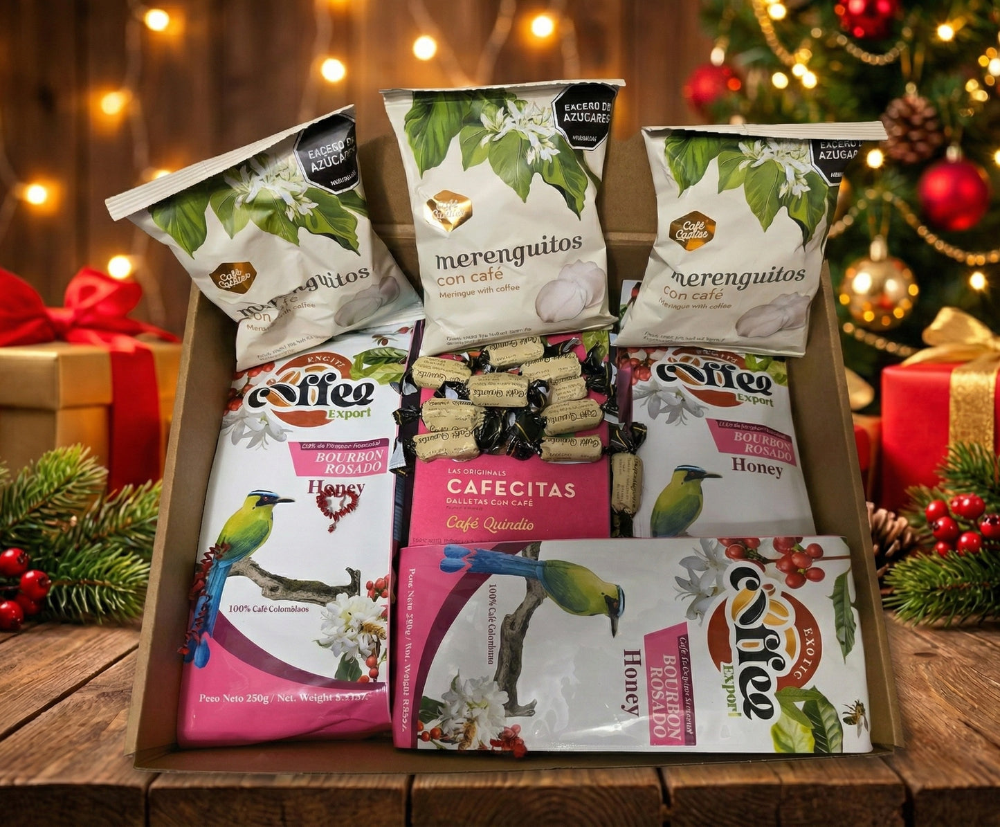 Gourmet Colombian coffee Christmas gift basket featuring Exotic Coffee export whole bean coffee, coffee meringues, and coffee candies in a festive holiday box.