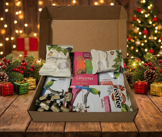 Gourmet Colombian coffee Christmas gift basket featuring Exotic Coffee export whole bean coffee, coffee meringues, and coffee candies in a festive holiday box. bourbon rosado, castillo afrutado, geisha