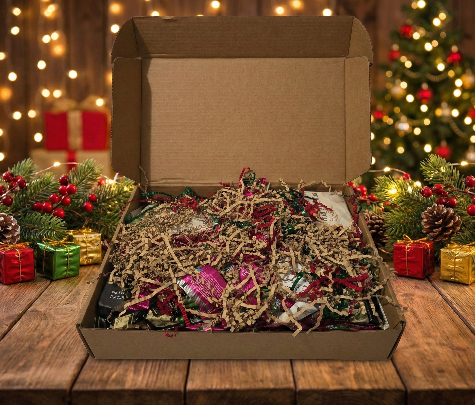 Open cardboard gift box displayed on a wooden table, filled with Colombian coffee products including three bags of Café Quindío coffee meringues, bags of Gourmet coffee from Café Quindío, La Morelia, and Oiba’s Coffee, and an assortment of coffee-flavored candies, set against a festive Christmas tree background. ground coffee
