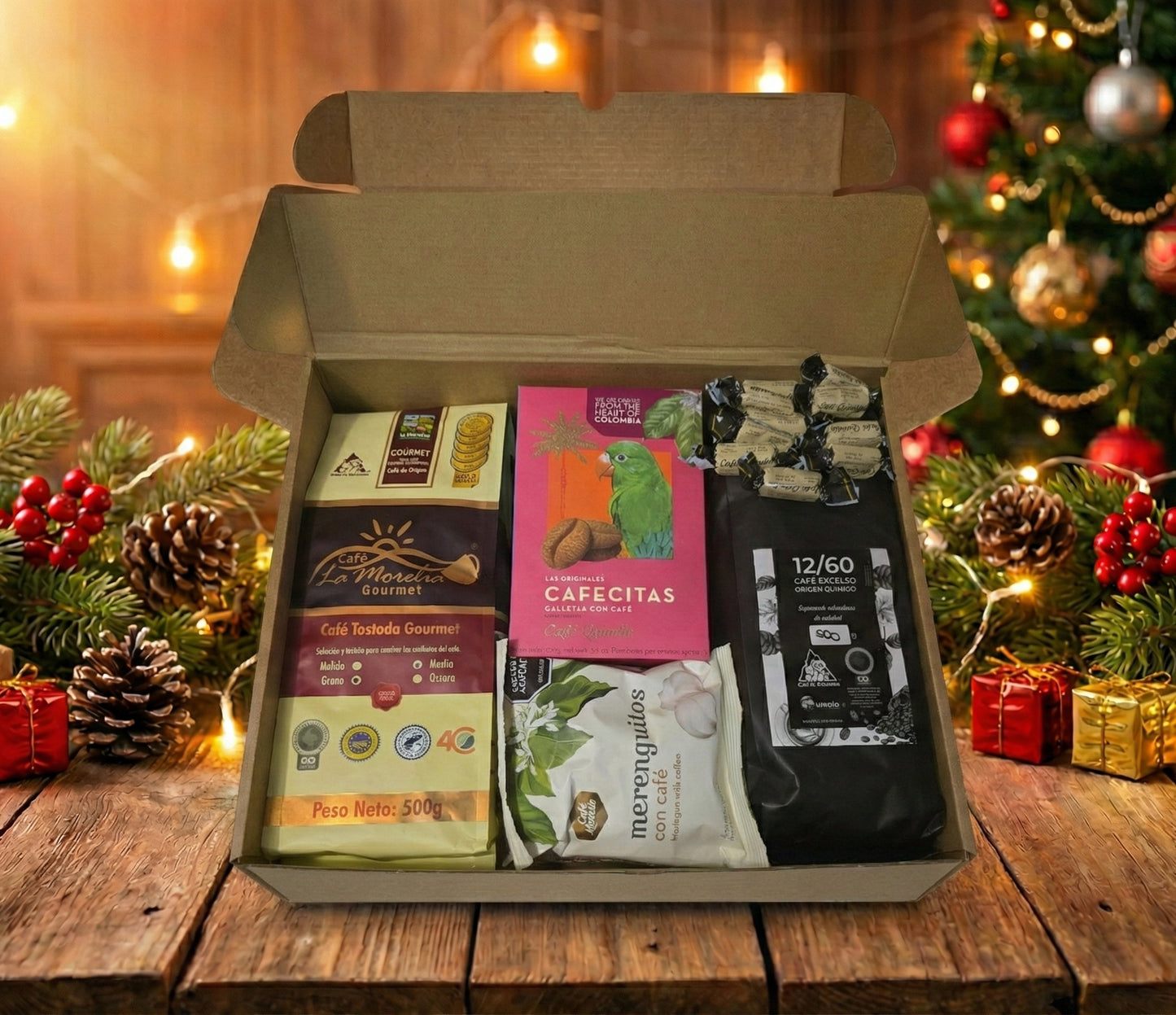 Gourmet Colombian coffee Christmas gift basket featuring la morelia specialty coffee , ground or whole bean,  cafecitas cockies and coffee candies in a festive holiday box.