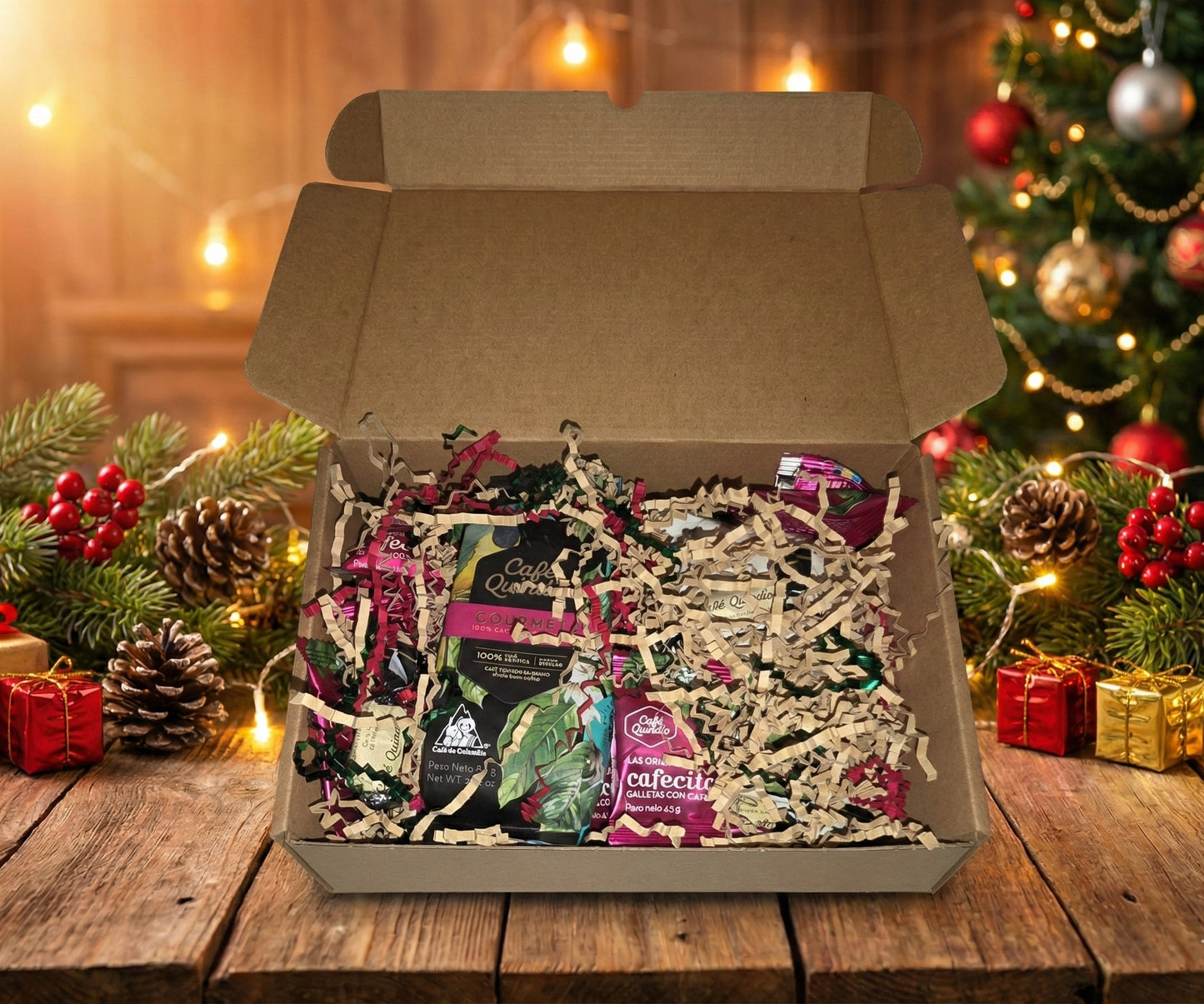 Gourmet Colombian coffee Christmas gift basket featuring Café Quindío ground coffee, coffee meringues, La Morelia Gourmet coffee, and coffee candies in a festive holiday box.