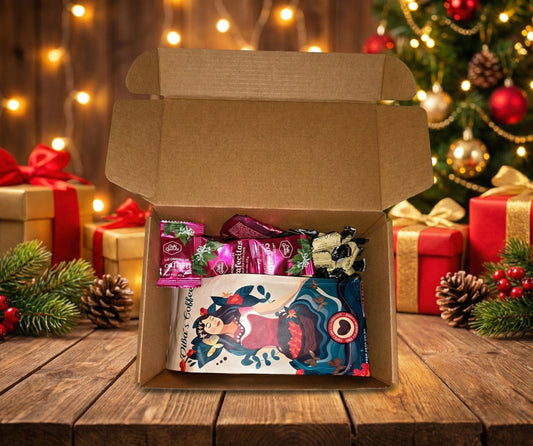 Gourmet Colombian coffee Christmas gift basket featuring oiba's specialty coffee , ground or whole bean,  cafecitas cockies and coffee candies in a festive holiday box.