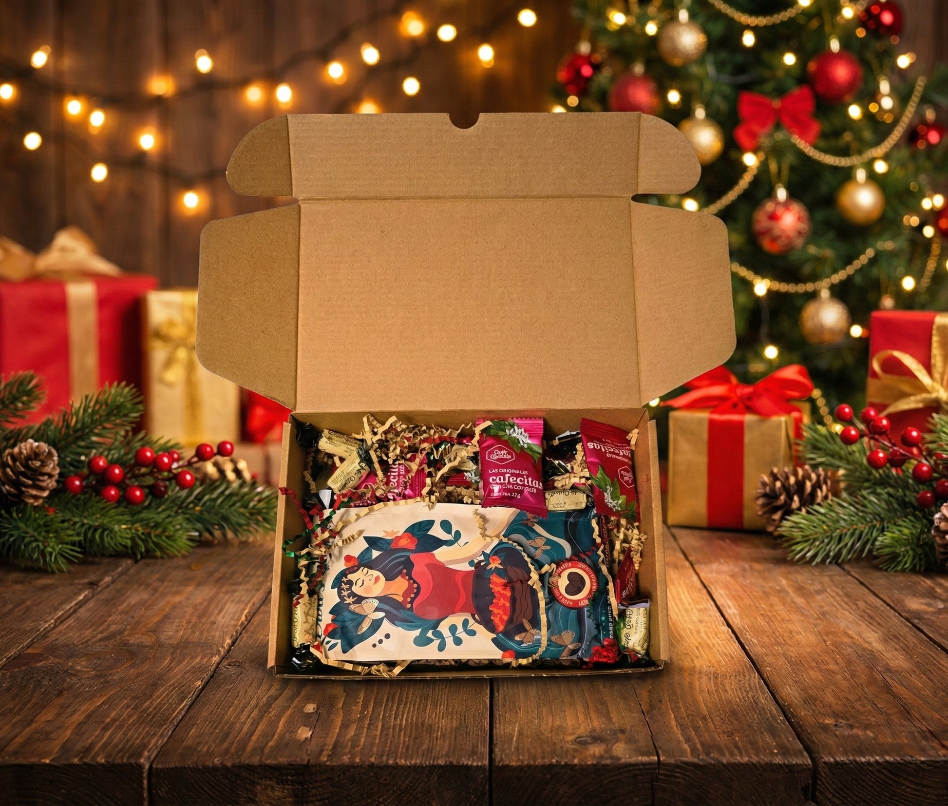 Gourmet Colombian coffee Christmas gift basket featuring oiba's specialty coffee , ground or whole bean,  cafecitas cockies and coffee candies in a festive holiday box.