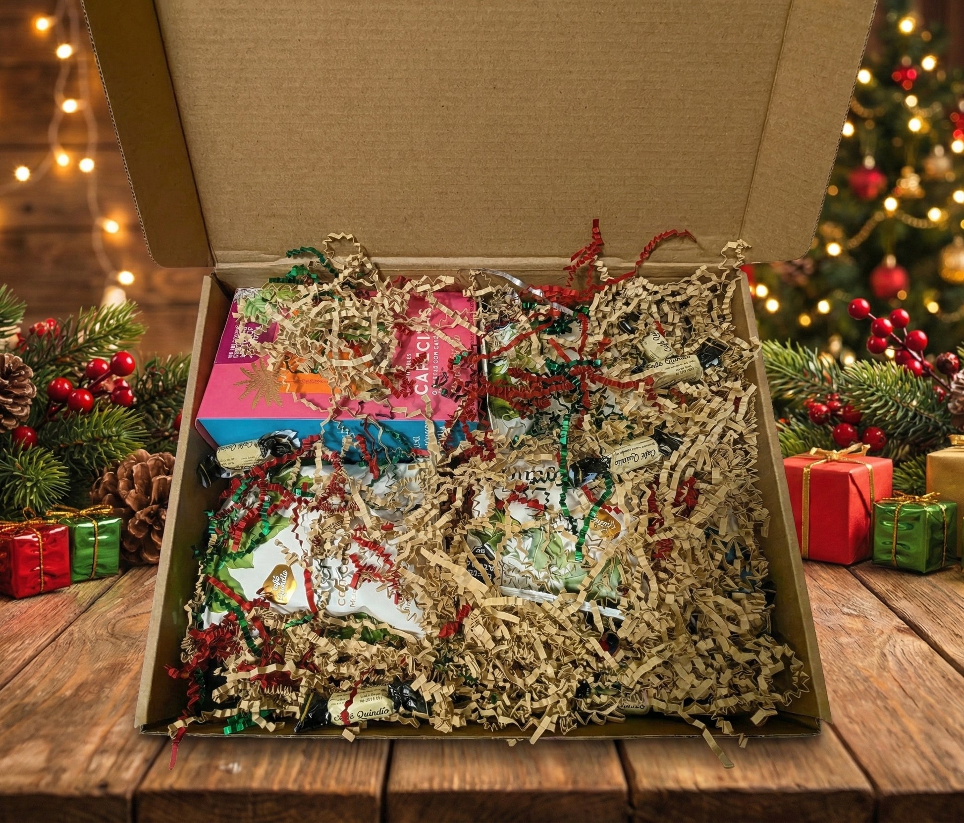 Open cardboard gift box displayed on a wooden table, filled with Colombian coffee products including three bags of Café Quindío coffee meringues, bags of Gourmet coffee from Café Quindío, La Morelia, and Oiba’s Coffee, and an assortment of coffee-flavored candies, set against a festive Christmas tree background.