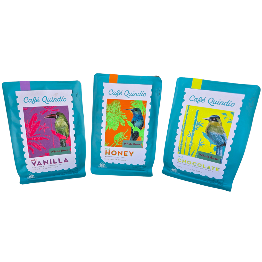 Coffee from three Quindío regions
Single-origin Arabica coffee with chocolate honey and vanilla notes, High-quality Arabica blend