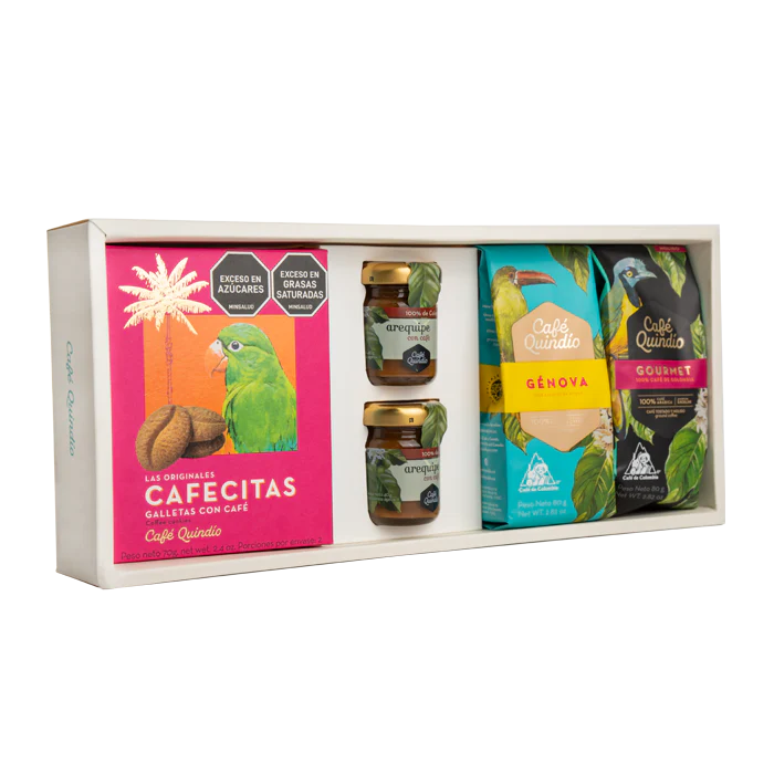 Colombian coffee gift set, Ground coffee and cookies, Café Quindío Gourmet coffee gift set with sweet treats
 