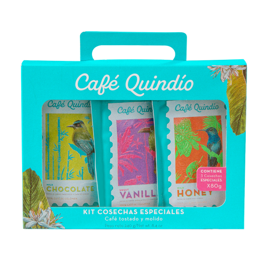 Colombian coffee variety pack with chocolate vanilla honey flavors, Quindío coffee sampler,  Coffee with honey hints Milk chocolate coffee

