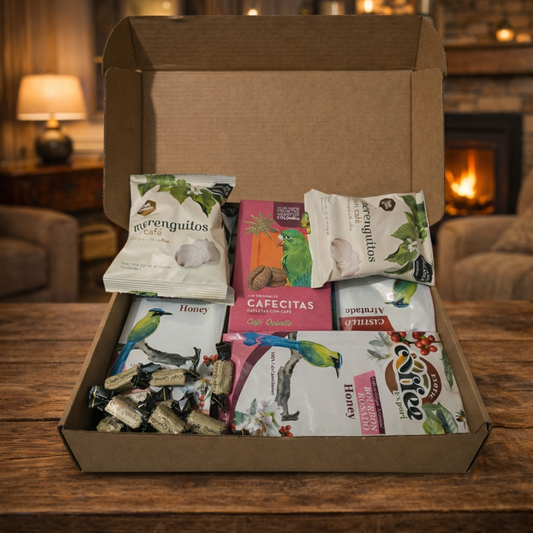 Gourmet Colombian coffee Christmas gift basket featuring Exotic Coffee export whole bean coffee, coffee meringues, and coffee candies in a festive holiday box. bourbon rosado, castillo afrutado, geisha