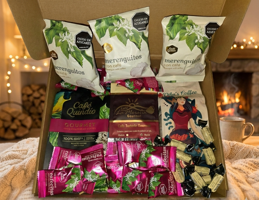 Box of assorted coffee and chocolate products with a cozy indoor background