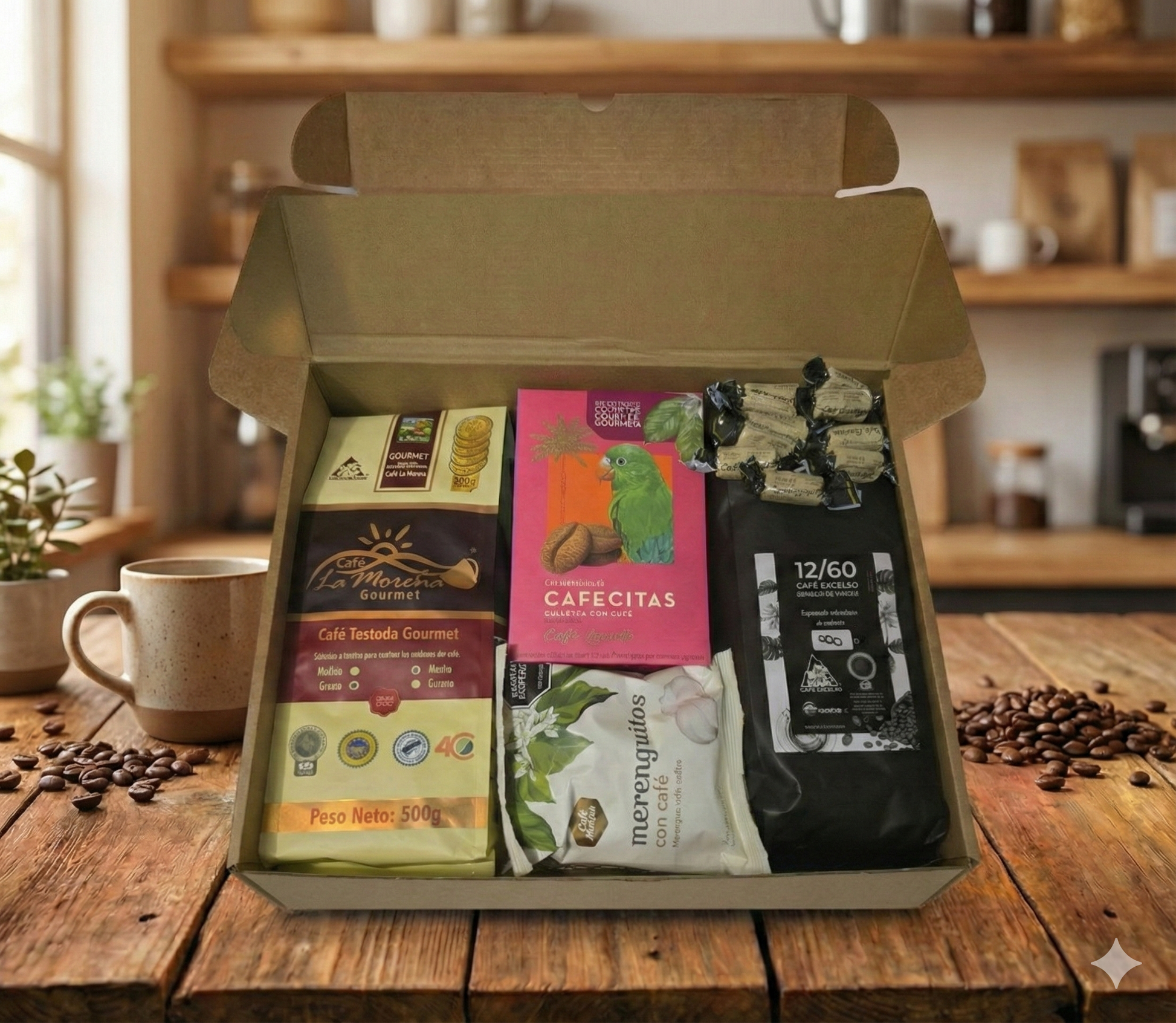 Gourmet Colombian coffee Christmas gift basket featuring la morelia specialty coffee , ground or whole bean,  cafecitas cockies and coffee candies in a festive holiday box.